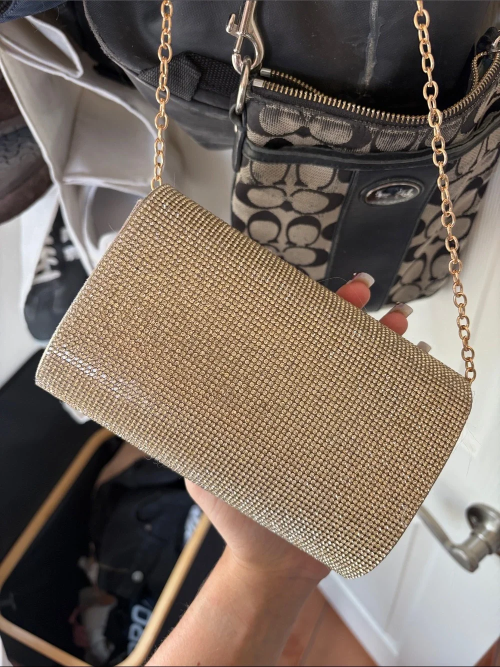 Gold Rhinestone Chain-Handle Evening Clutch - Picture 3 of 9